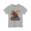 A heather gray short-sleeve crewneck t-shirt featuring a vintage-style graphic of a medieval knight on a horse, holding a sword and a banner that reads 'HASTINGS 1066'.