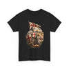 A black short-sleeve crewneck t-shirt featuring a detailed graphic print of a medieval knight in armor with a red cross flag and shield, set against a plain white background.