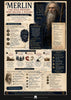 Infographic about Merlin, the wild prophet who became a wizard, with text and images on a beige background.