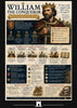 An educational infographic poster titled 'William the Conqueror' featuring a detailed illustration of the king holding a sword, surrounded by historical facts, timelines, and quotes on a beige and dark blue background.