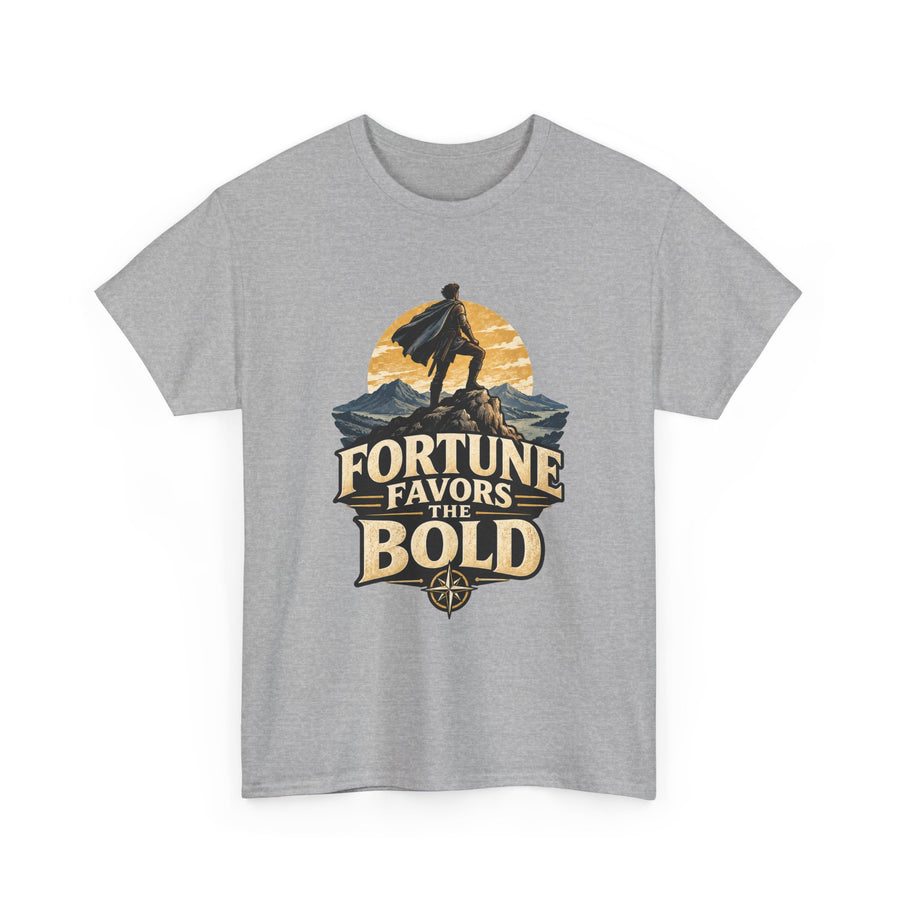 A heather gray short-sleeve crewneck t-shirt featuring a vintage-style graphic on the chest. The graphic shows a silhouette of a person with a cape standing on a mountain peak in front of a yellow-orange sun, with the text 'FORTUNE FAVORS THE BOLD' in a bold, stylized font below.