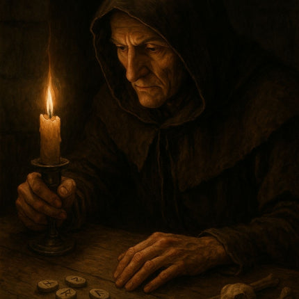A hooded woman in medieval dress holding a candle and reading runes and bones