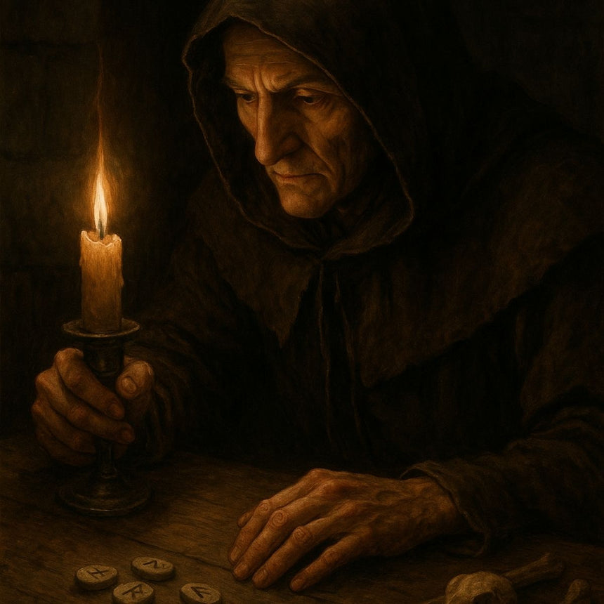 A hooded woman in medieval dress holding a candle and reading runes and bones