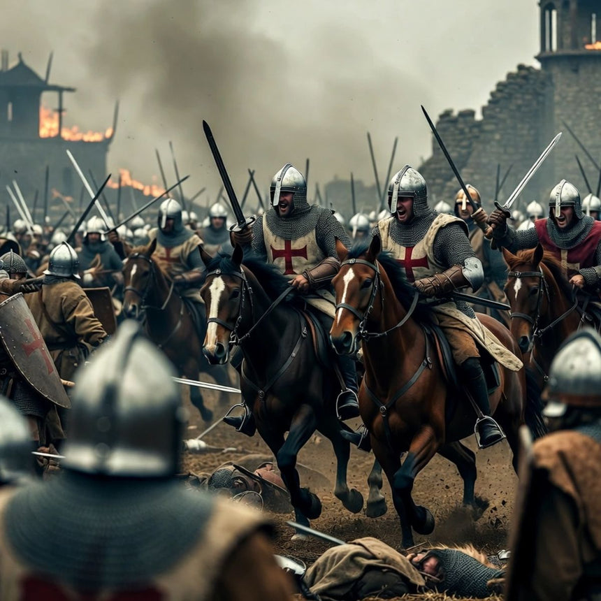 a medieval battle scene with soldiers on horseback charging