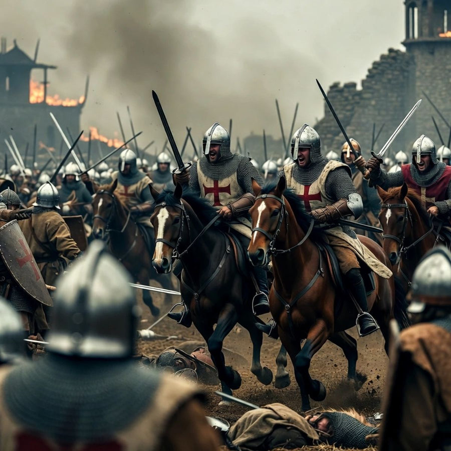 a medieval battle scene with soldiers on horseback charging