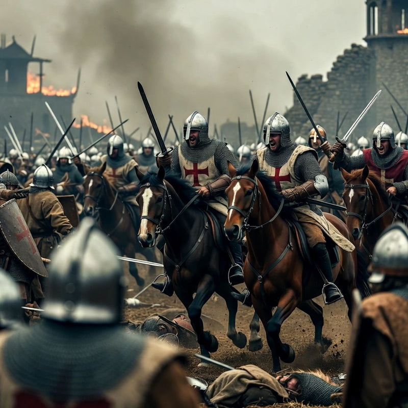 a medieval battle scene with soldiers on horseback charging