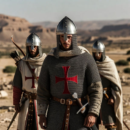 Three Crusader knights in a desert looking setting