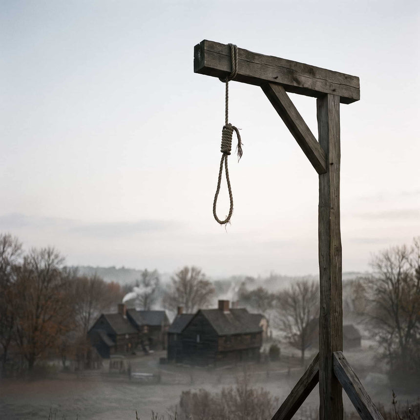 A wooden gallows noose stand with a rope hanging from the crossbar, photographed outdoors against a misty rural landscape