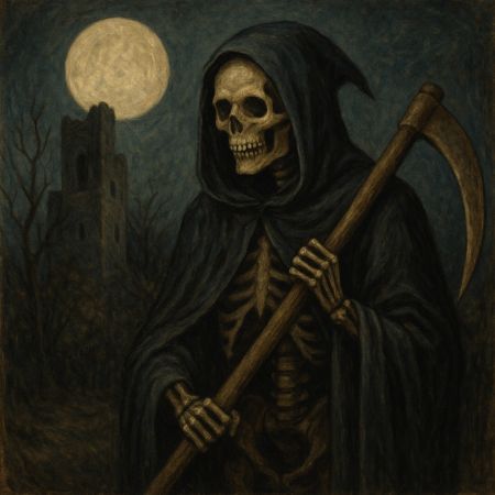 Grim Reaper death symbol medieval tradition robed skeletal figure: Origins and meaning of the Grim Reaper in medieval and Gothic symbolism