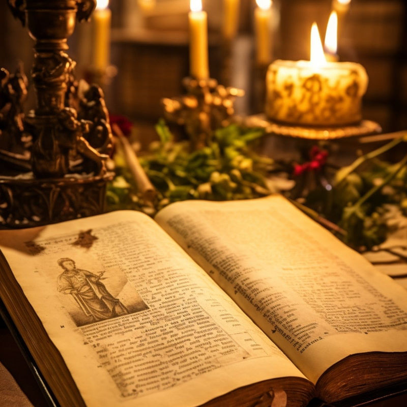 a medieval book in a room lit by candles