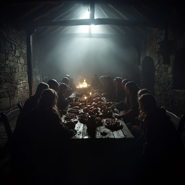 A medieval feast for the dead by firelight at Hallowtide