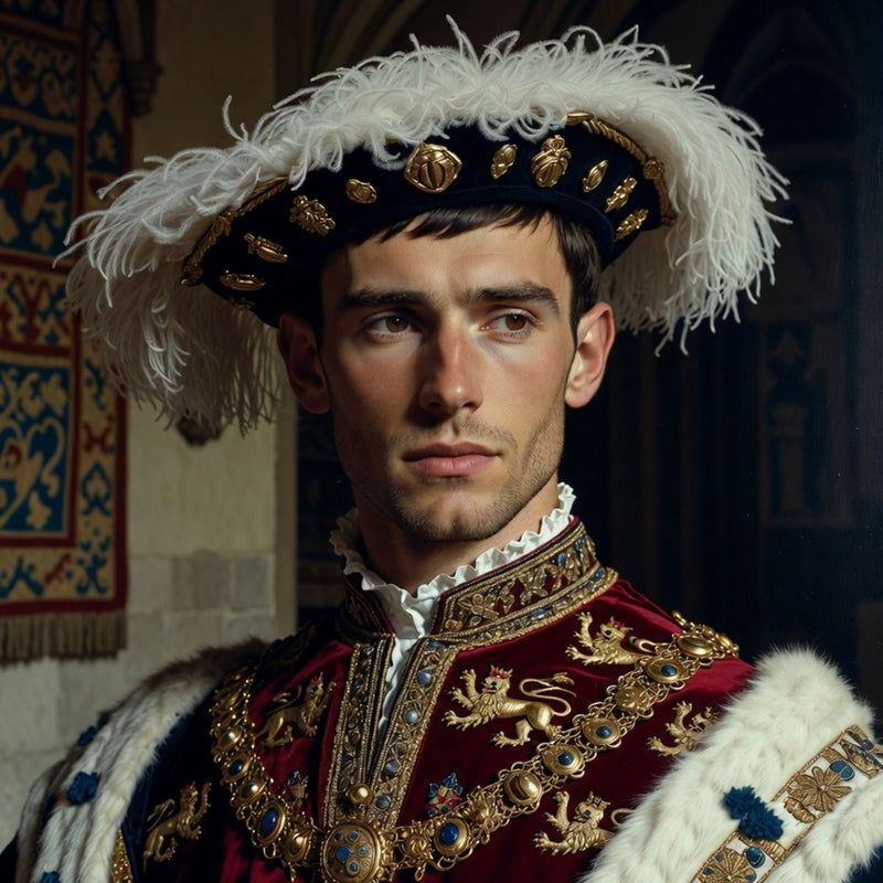 Man in ornate regal costume with feathered headdress in a decorated room