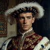 Man in ornate regal costume with feathered headdress in a decorated room