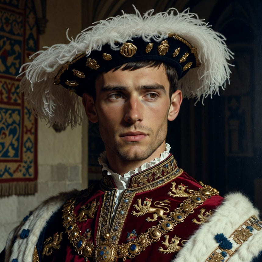 Man in ornate regal costume with feathered headdress in a decorated room