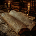 A roll of old parchment paper rolled on a desk with two lit candles and books in the bckground