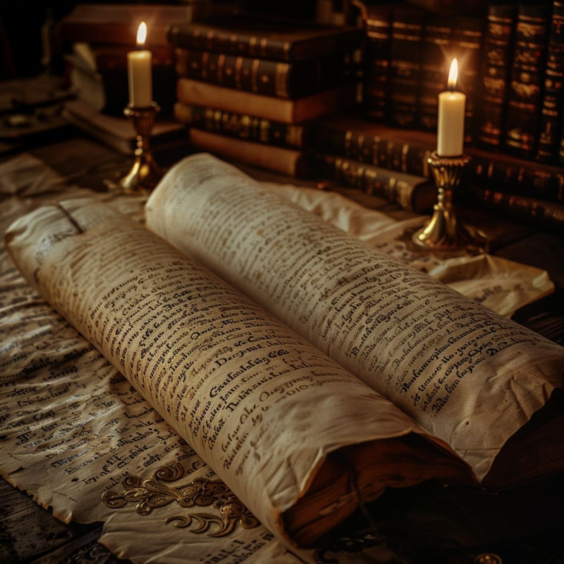 A roll of old parchment paper rolled on a desk with two lit candles and books in the bckground