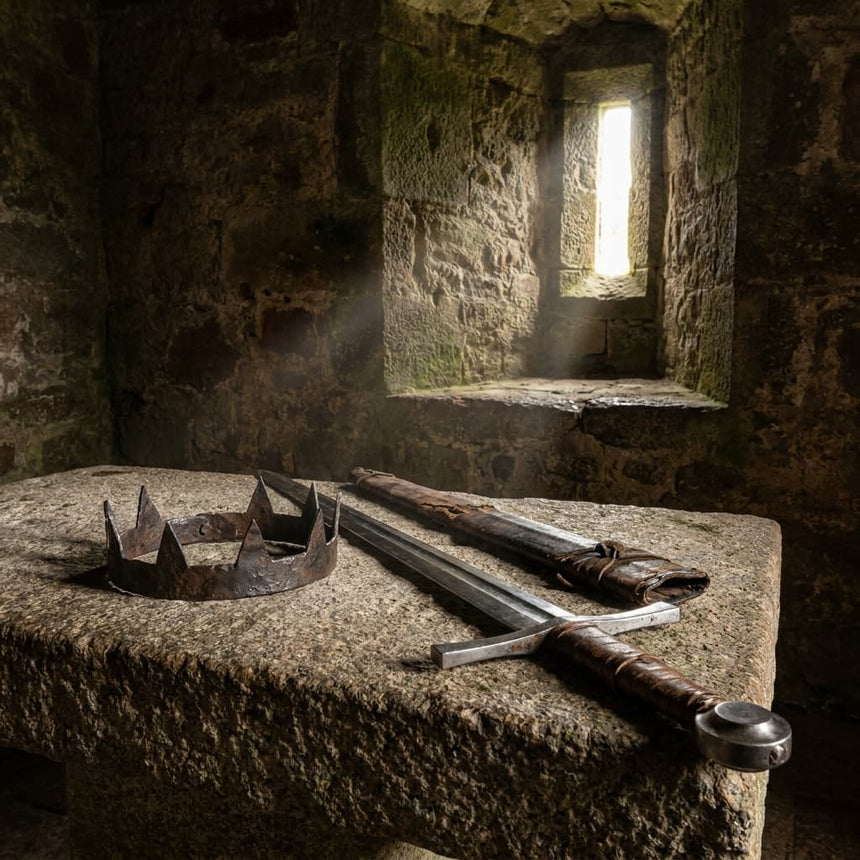 An iron crown and sword on an altar