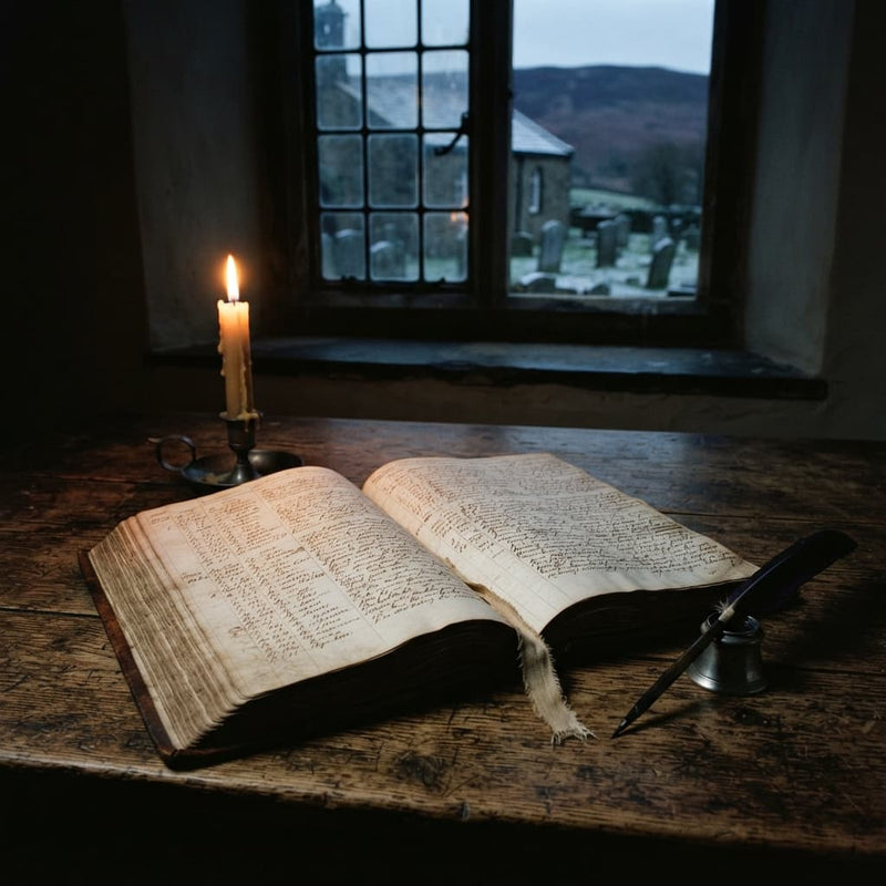 Open 17th century parish register by candlelight, the kind of Newchurch in Pendle record that may name Jennet Device