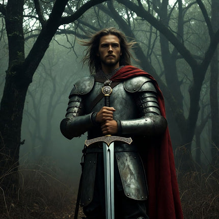 king arthur in armour with excalibur his sword in hand witha dark woods behind him