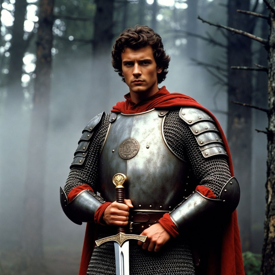 King Arthur in chain mail and armour holding excalibur his sword in a misty forest 