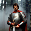King Arthur in chain mail and armour holding excalibur his sword in a misty forest 