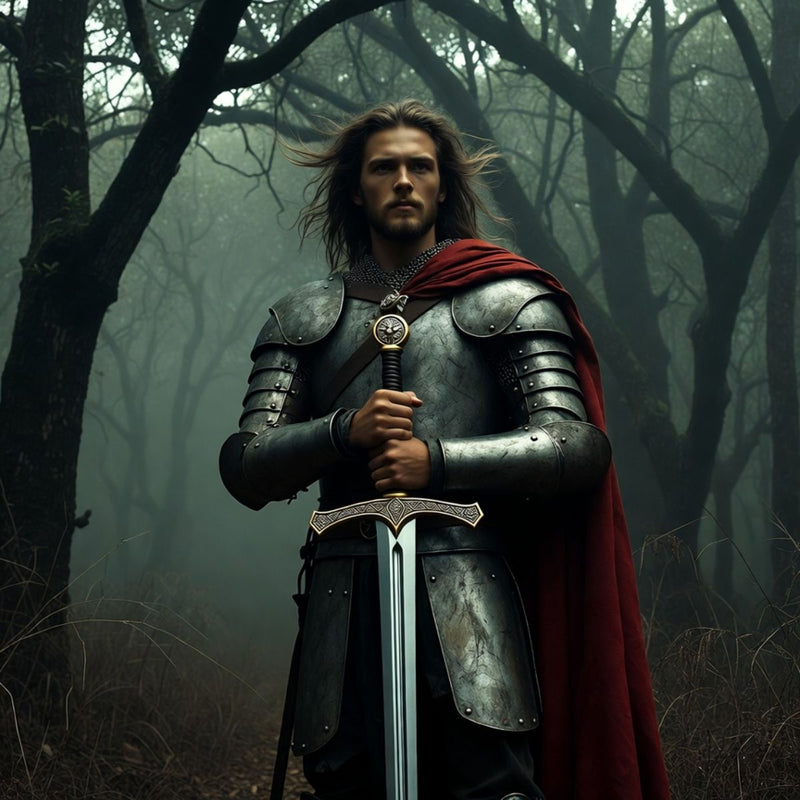 king arthur in armour with excalibur his sword in hand witha dark woods behind him