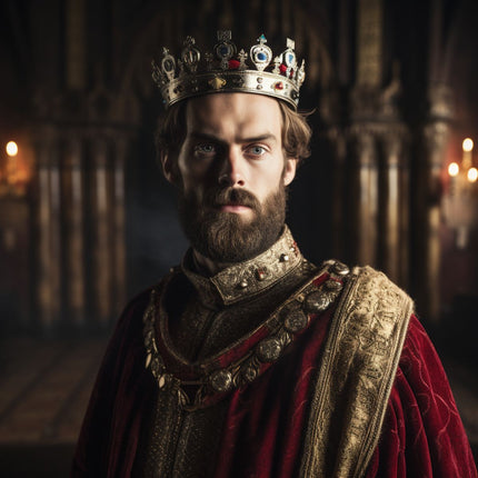 a depiction of King Edward III dressed in royal atire in a medieval hallway lit by candles