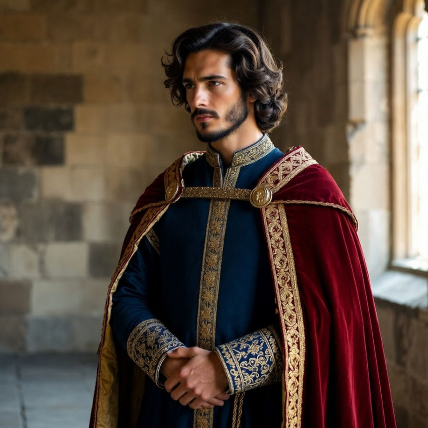 a depiction of King Edward II in a red velvet cloak with a window in the background