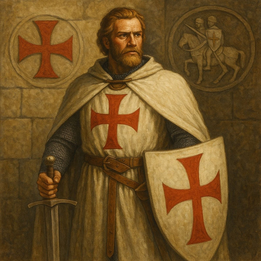 Knights Templar order medieval warriors: Armed monks in white surcoat with red cross who served as crusaders and medieval bankers