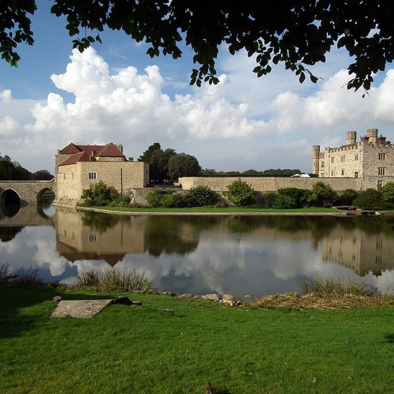 a photograph of Leeds Castle and the moat