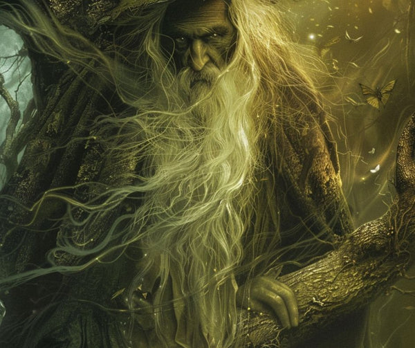 an illustration of Merlin the Wizard with a long white beard in the woods