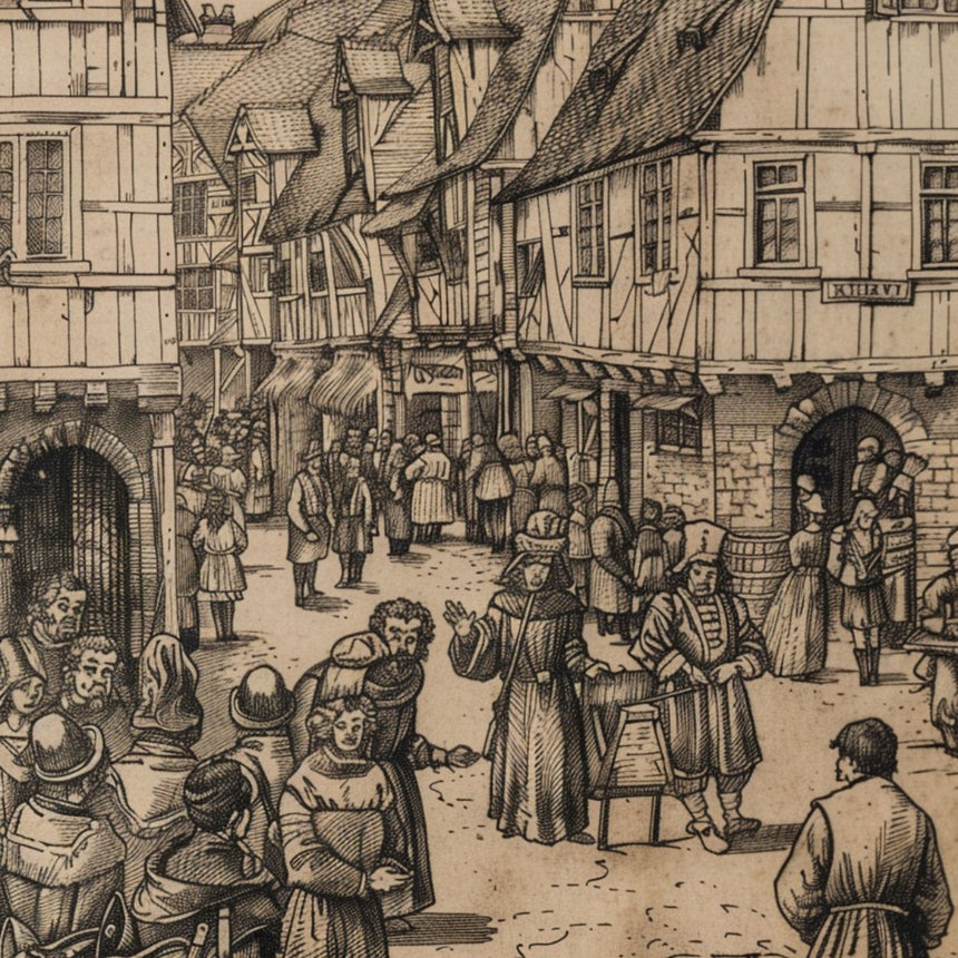 Medieval Wales street scene illustration: Daily life, architecture, and society during the Middle Ages in Welsh towns and villages