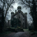 a castle in the late evening. The scene looks spooky and the castle looks eerie