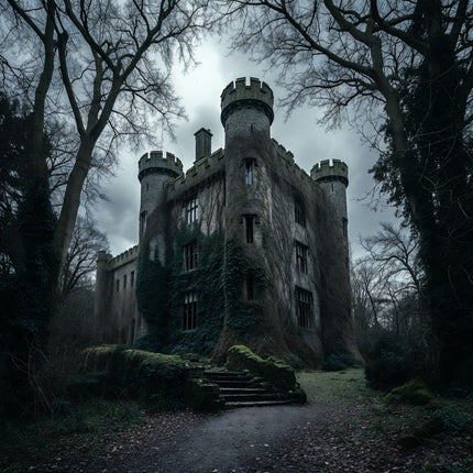 a castle in the late evening. The scene looks spooky and the castle looks eerie