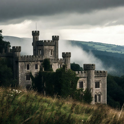 a castle on a hillside with mist in the background