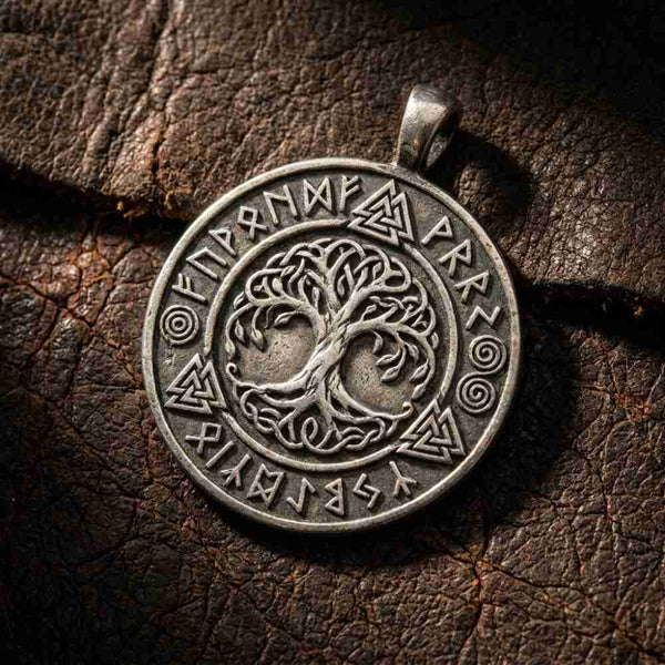 Close-up overhead view of an intricately cast Norse pendant resting on aged dark leather,