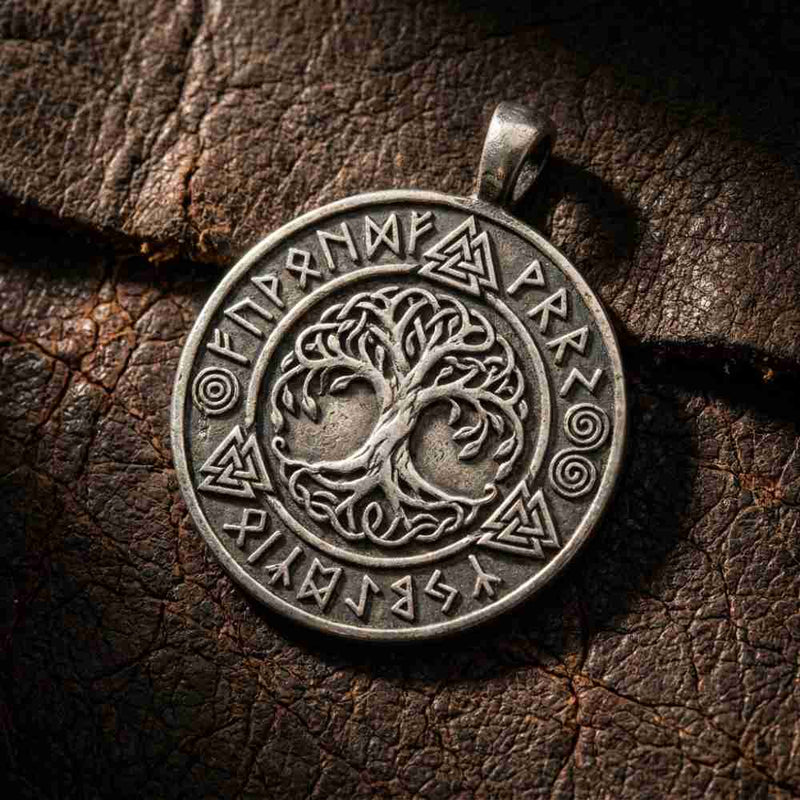 Close-up overhead view of an intricately cast Norse pendant resting on aged dark leather,