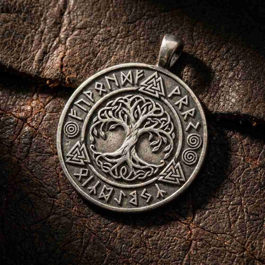 Close-up overhead view of an intricately cast Norse pendant resting on aged dark leather,