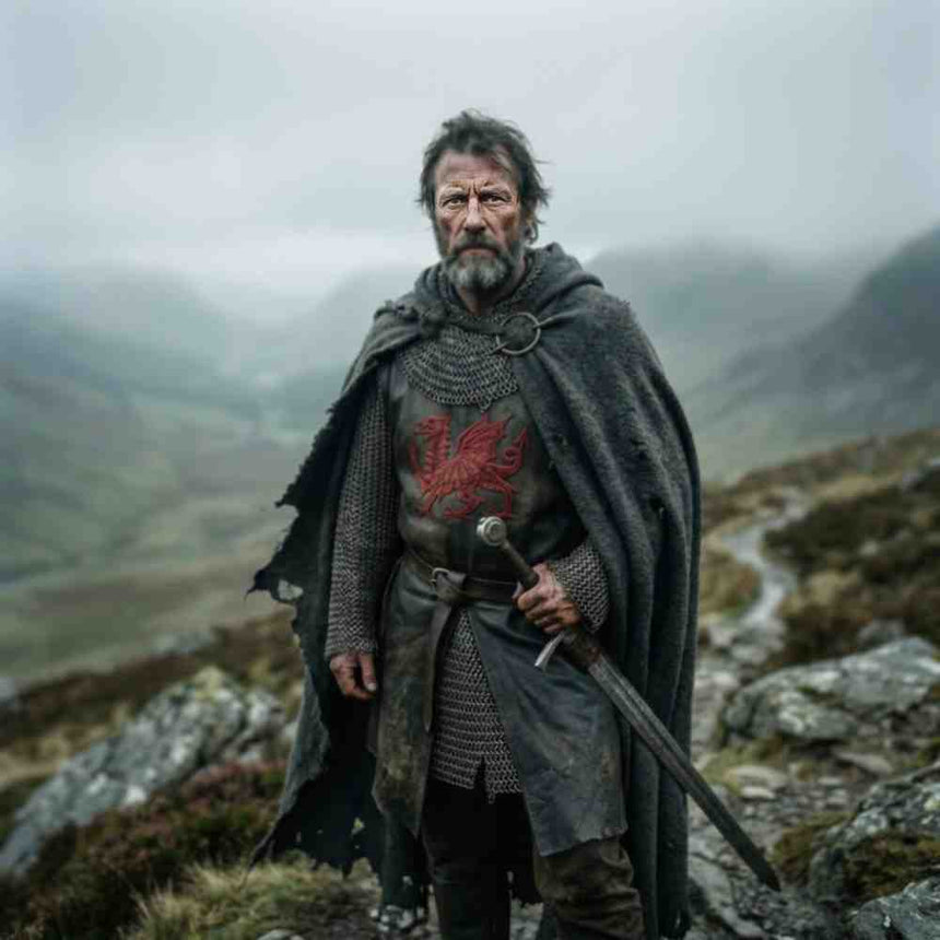 Owain Glyndŵr last Prince of Wales windswept hillside chainmail red dragon emblem: Final independent Welsh prince who led revolt against English rule in early 15th century