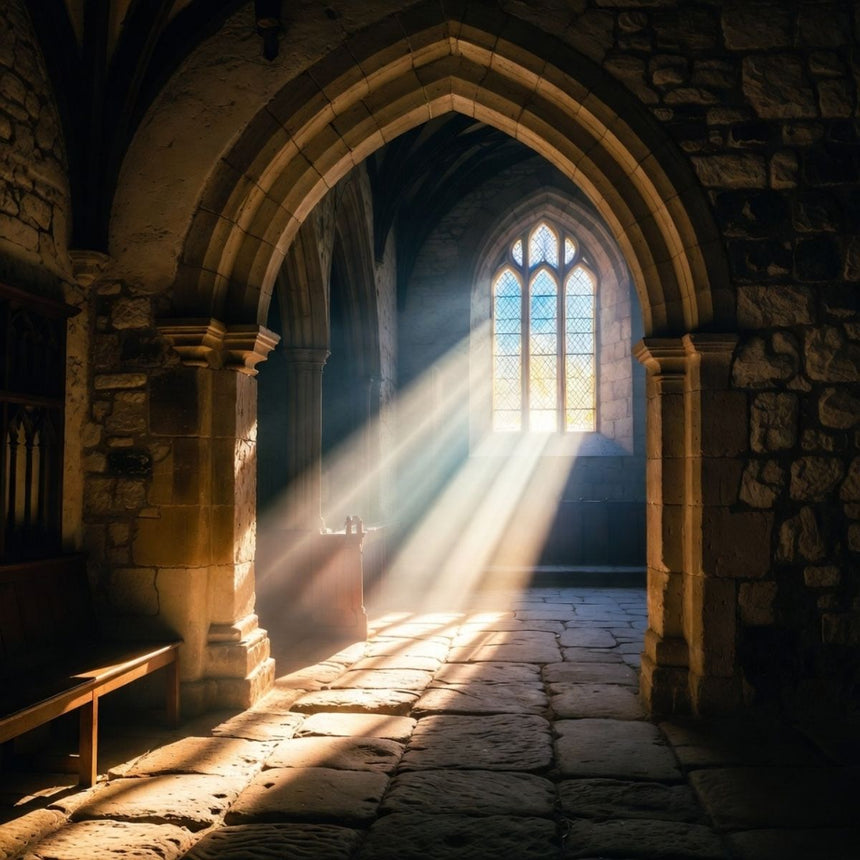 light shining through an archway of a room in a medieval building from a window in the background