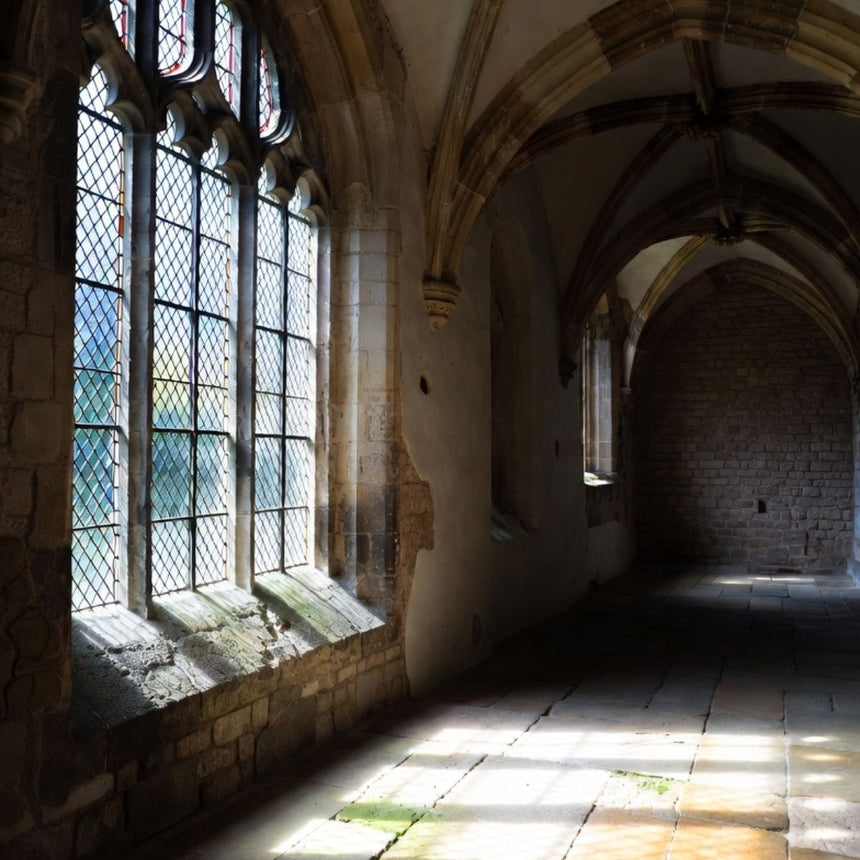 the hallway of a medieval hallway with light shining through a window on the left