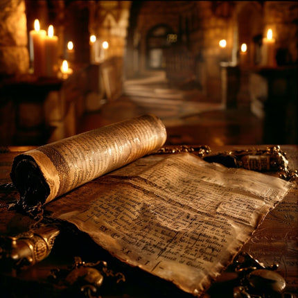 an old scroll with writing on a table in a medieval hall it by candles