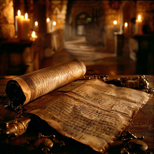 an old scroll with writing on a table in a medieval hall it by candles