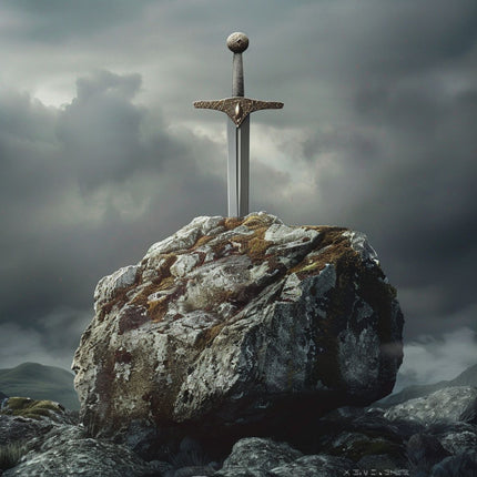 The sword in the stone from the legend of Merlin and Arthur