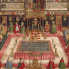 an illustration of a tapestries with figures around a table in the middle of the room