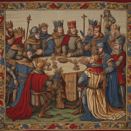 an illustration of a tapestry depicting medieval knights around a table
