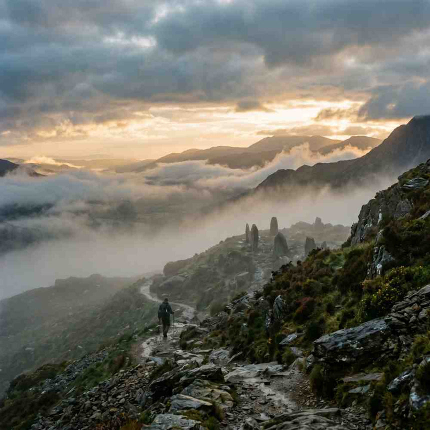Welsh mythology guide misty hilltop standing stone twilight: Complete beginner's introduction to Celtic gods, legends, and spiritual traditions of Wales
