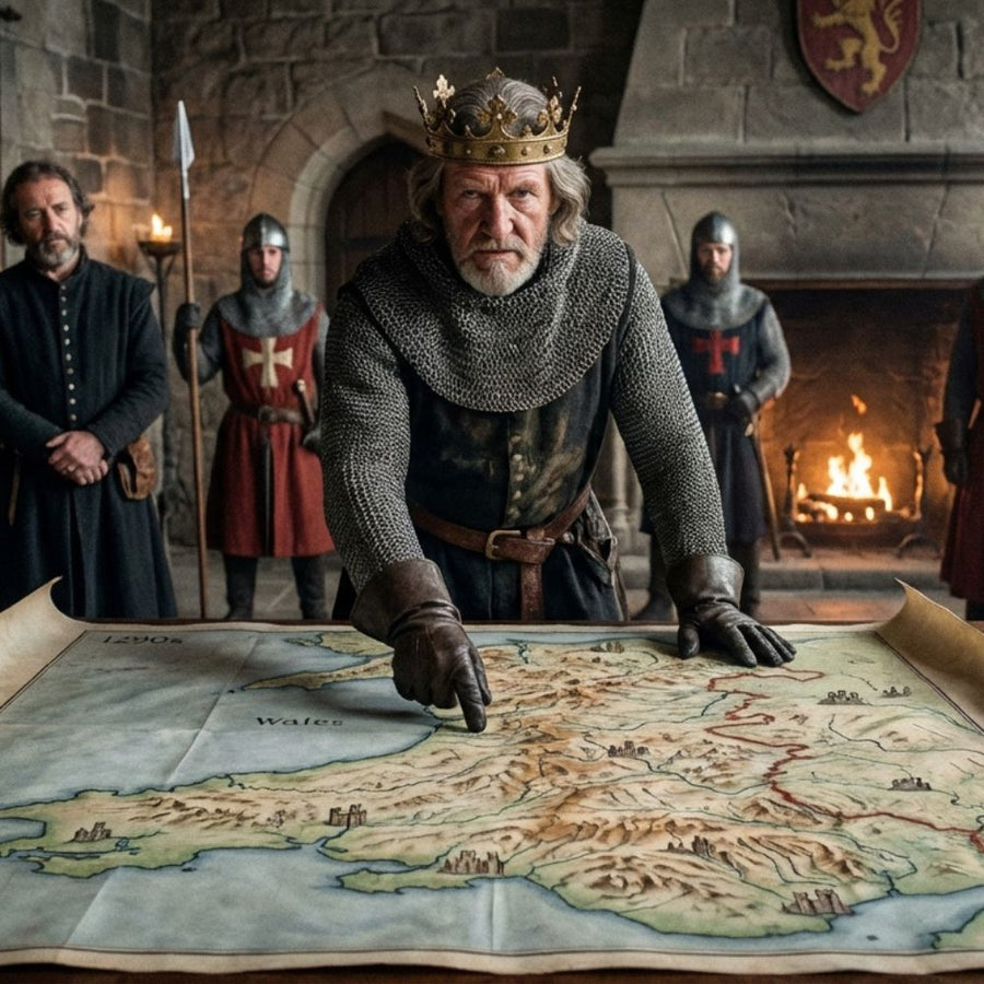 King Edward I overseeing a map of Wales with guards and noblemen behind him