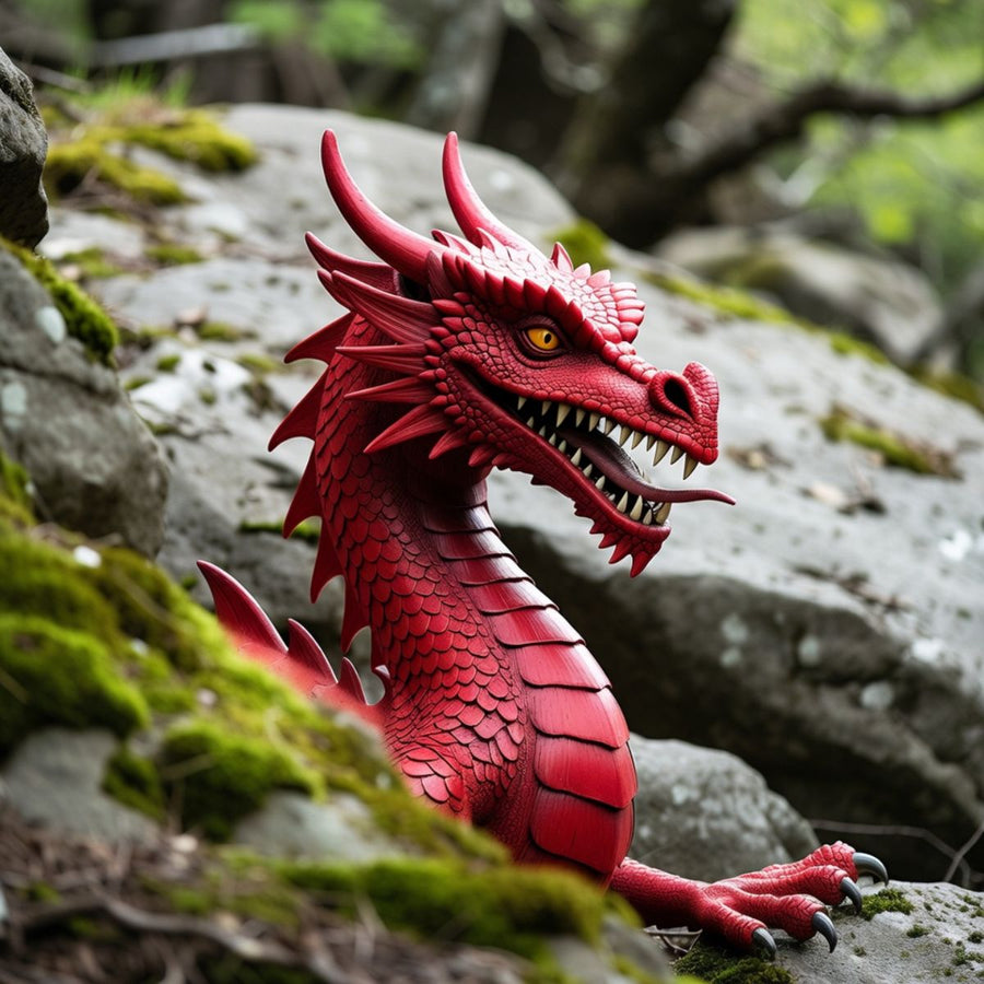 a statute of the Welsh Dragn of Wales emerging from behind rocks