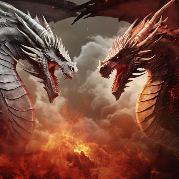 an illustration of the Welsh dragon of Wales facing a white dragon in front of a fiery background